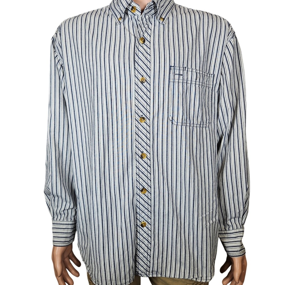 Schmidt Workwear Mens XL Blue White Striped Long Sleeve Button Down Cotton Shirt